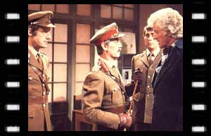 Image of UNIT Officers, General Finch (John Bennett), Captain Yates, SGT Benton and The Doctor