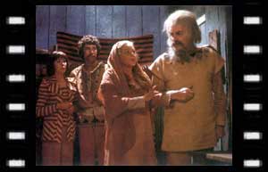 Image of Sarah Jane, Arak (Gareth Hunt), Neska (Jenny Laird), and Sabor (Geoffrey Morris)