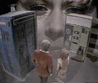 Image of The Doctor's & the Master's TARDISes, The Doctor, Jo and the face of Kronos (Ingrid Bower) 