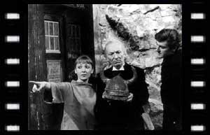 Image of Vicki, Doctor, Steven and a viking helmet